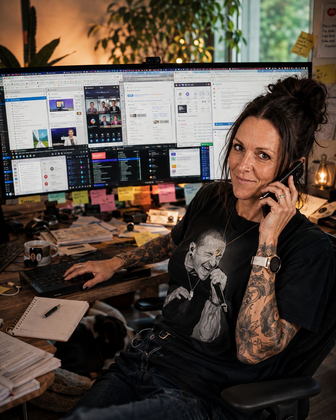 Mathilde sitter ved en skjerm full av åpne vinduer og gule lapper, med telefonen mot øret